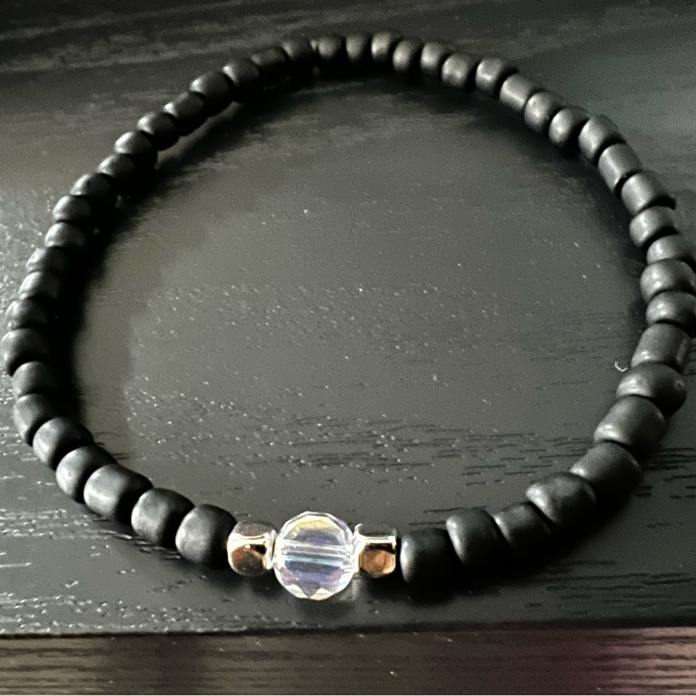 Black Beaded Bracelet with Crystal Accent